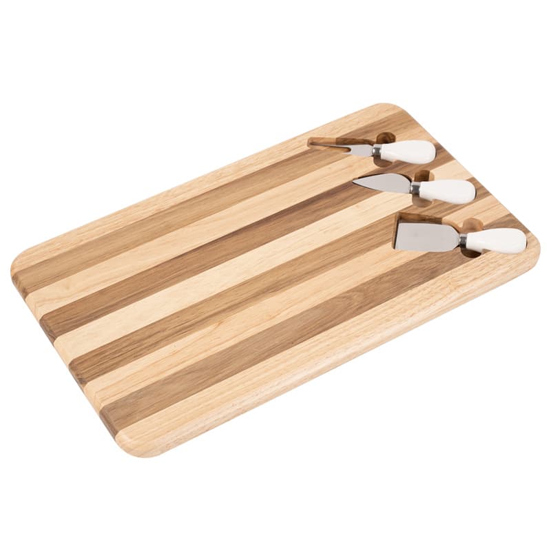 Striped acacia and rubberwood cheese board with recesses for serving tools