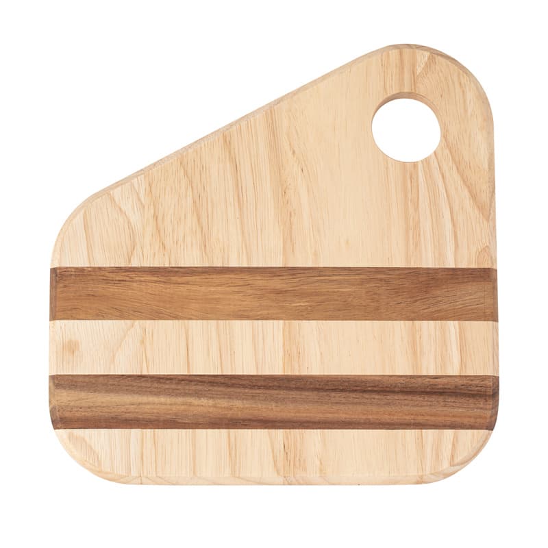 Related two-tone acacia and rubberwood serving board with a shaped outline and dark accent strips