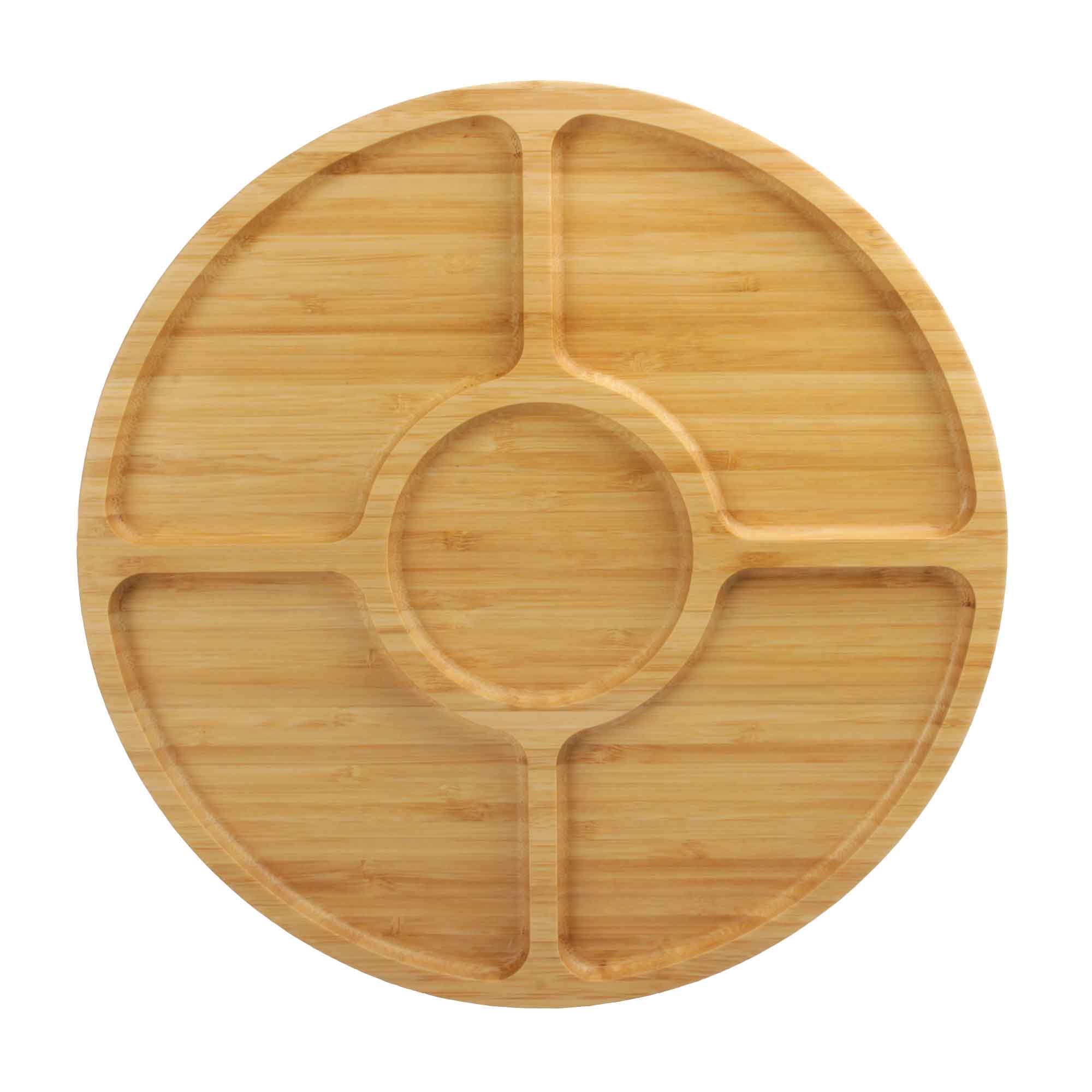 Round bamboo snack tray with five recessed serving compartments