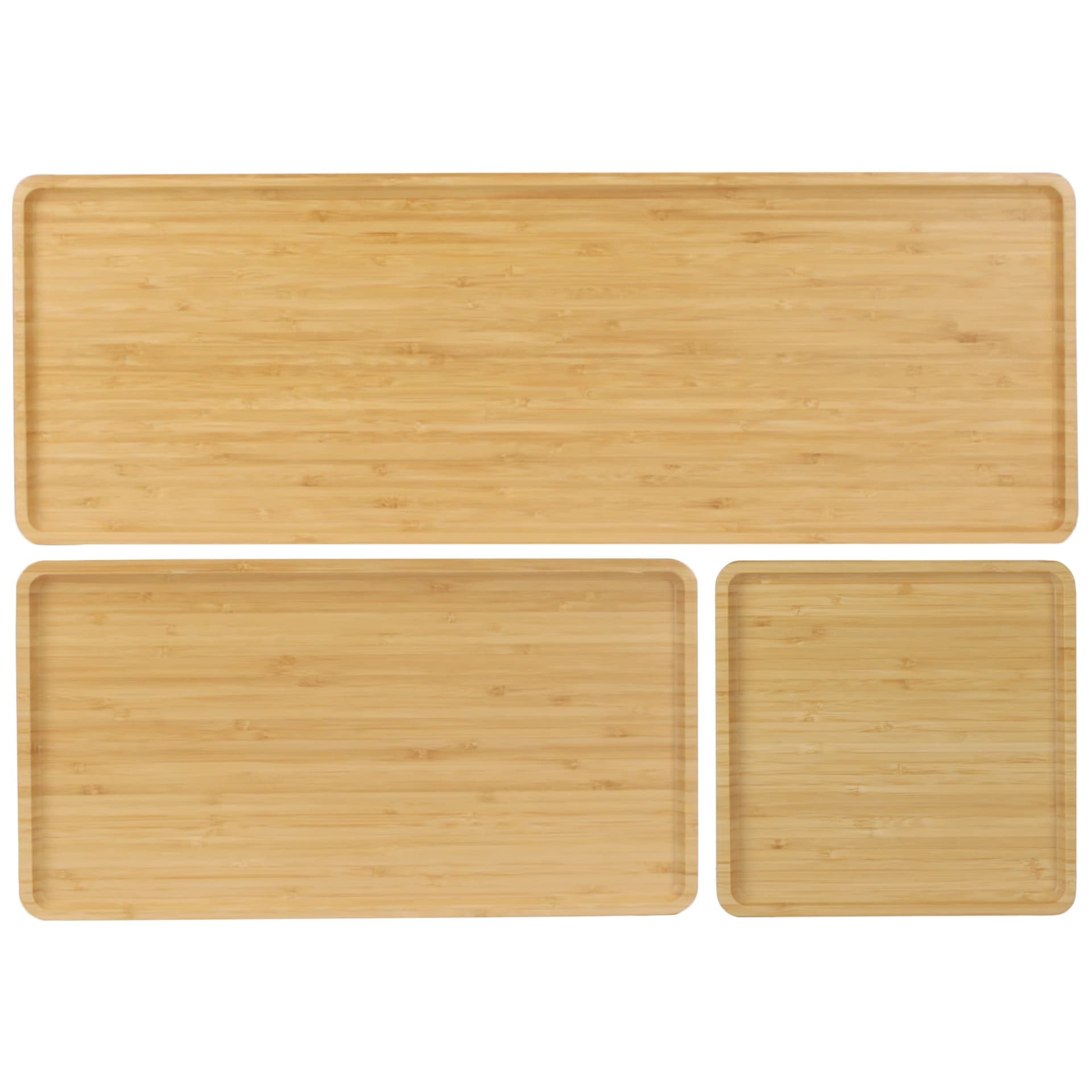 Three bamboo trays in long, rectangular and square formats