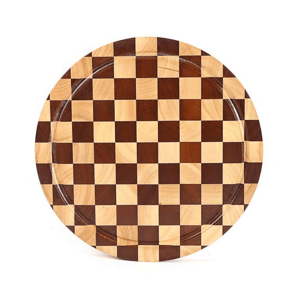 Round-format reference for a two-wood checkerboard serving board