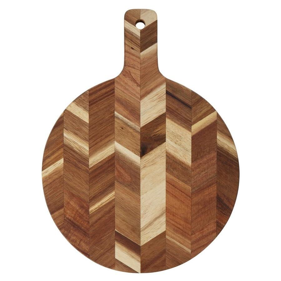 Round acacia paddle board with a Chevron pattern and a handle