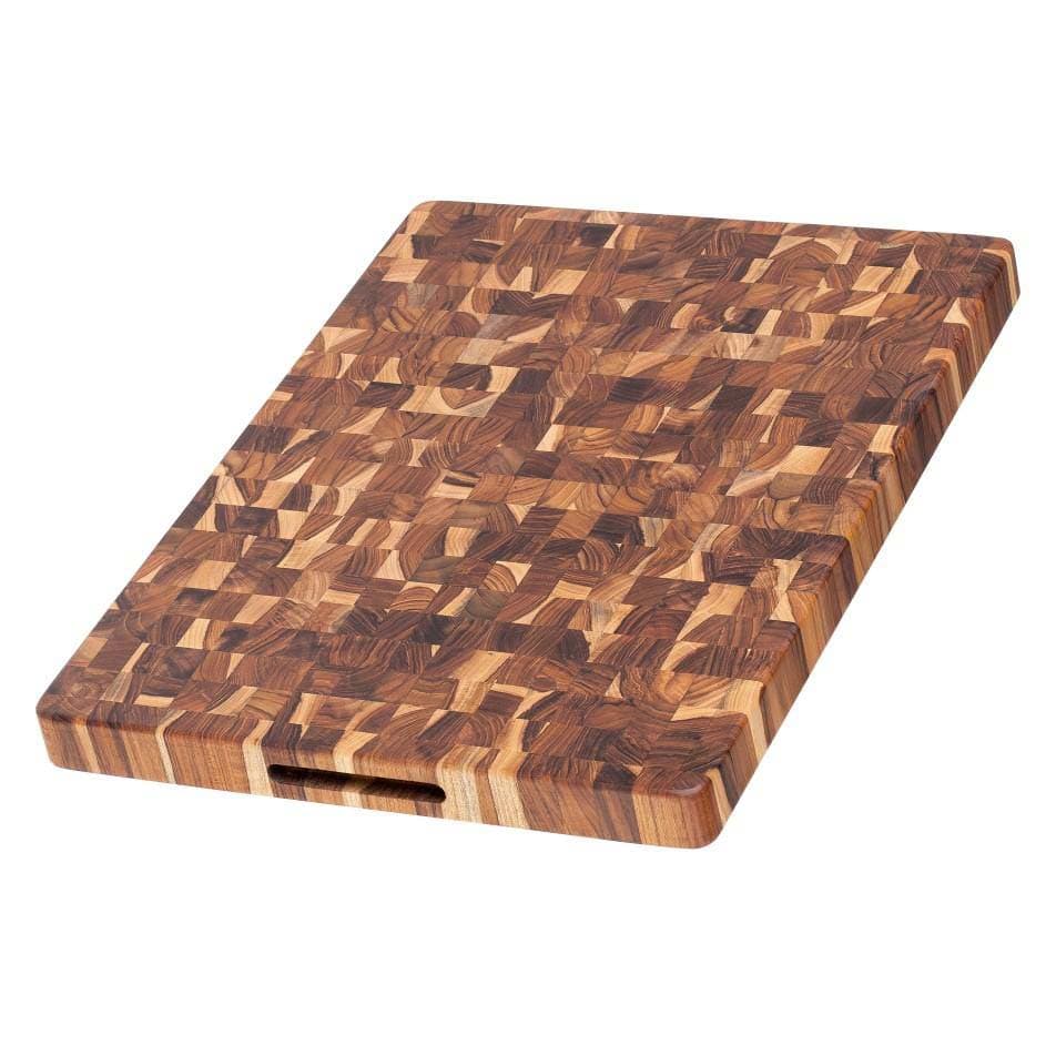 Rectangular teak end-grain butcher block with a cross-cut block surface