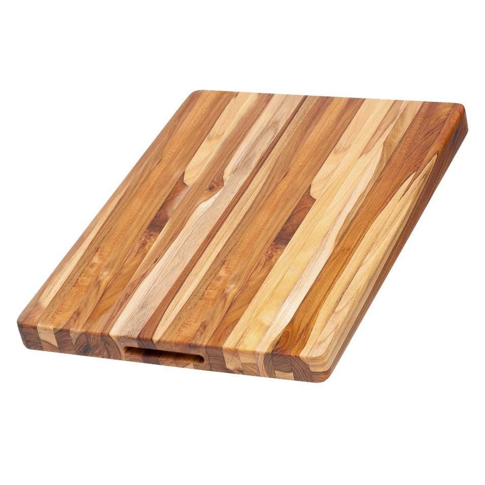 Rectangular teak serving board with a flat presentation surface