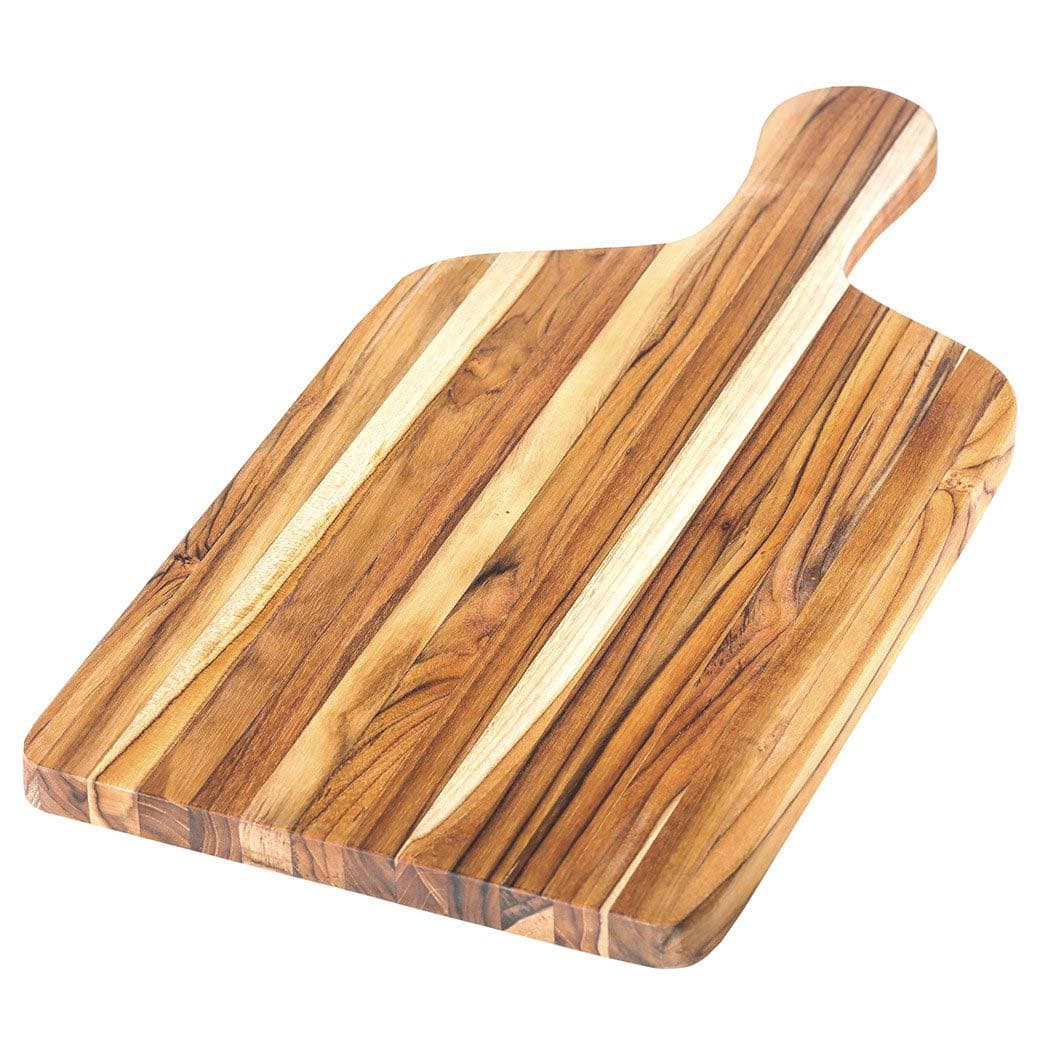 Teak paddle serving board with an extended wooden handle