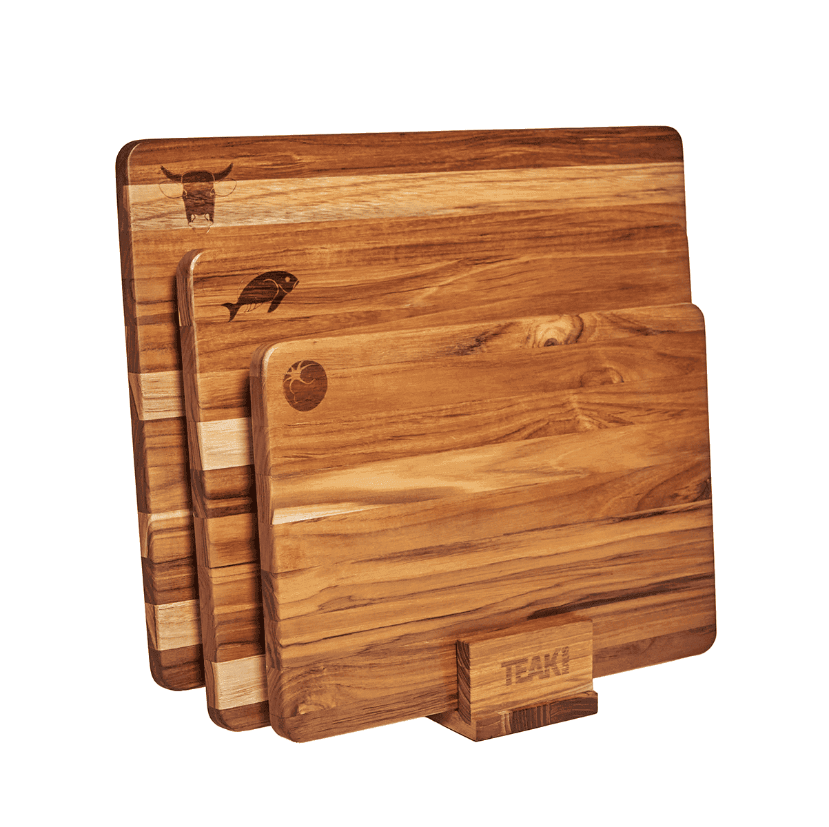 Three teak cutting boards in graduated sizes displayed on a branded stand