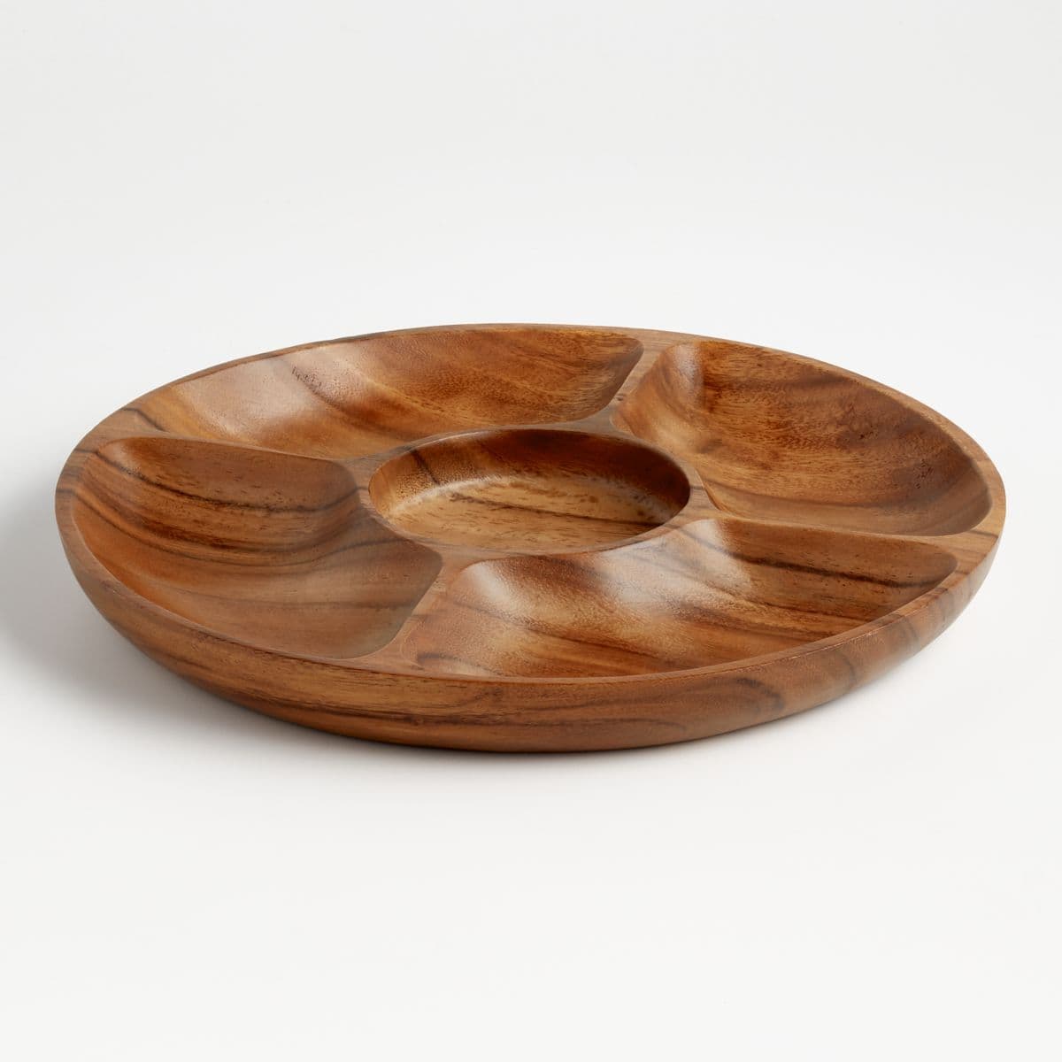 Acacia snack tray with separate recessed serving compartments